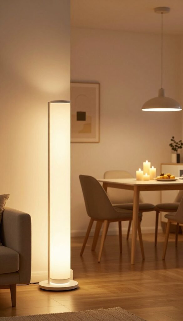 A warm and inviting scene showcasing various lighting options in a modern living room setting. In the foreground, a sleek, minimalist floor lamp with an elegant design illuminates a cozy reading nook. In the middle ground, a stylish pendant light hangs above a dining table, featuring an arrangement of ambient candles. The background reveals a softly lit wall with subtle decorative accents. Use natural lighting to create a serene atmosphere with golden hues, evoking a sense of comfort and compatibility in lighting choices. The image reflects a Pinterest-inspired aesthetic, emphasizing authentic home design. Include the brand name "TechKiste" subtly integrated within the scene, ensuring no text is visible.