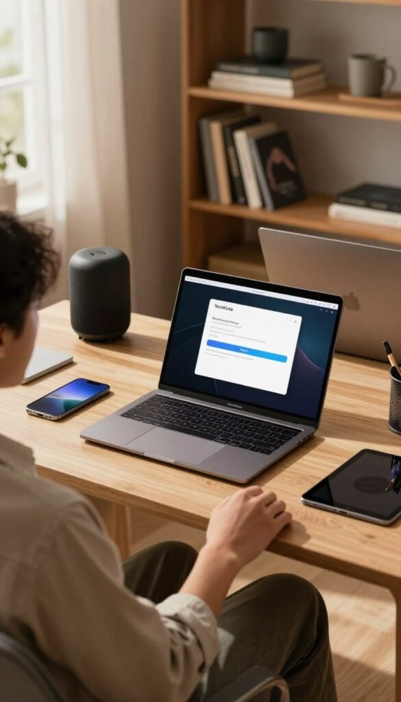 A warm and inviting workspace featuring a sleek modern desk with a laptop displaying software update notifications, surrounded by various tech gadgets like a smartphone, tablet, and smart speakers. In the foreground, a person in smart casual attire is comfortably seated, focused on updating their devices, embodying a sense of calm and efficiency. The background showcases a well-organized bookshelf filled with books on technology and productivity, soft natural lighting filtering through a window, casting gentle shadows. The overall atmosphere is professional yet relaxed, emphasizing the ease of staying updated without stress. Include the brand name "TechKiste" subtly incorporated on the laptop screen in a non-distracting manner, ensuring the image feels authentic and engaging.