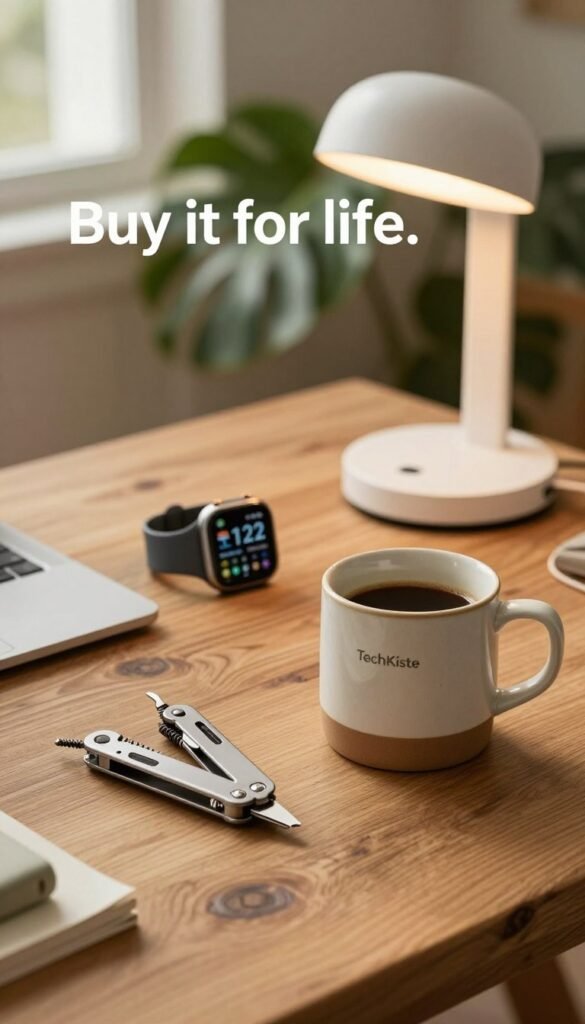 A warm-colored, natural scene featuring a collection of high-quality gadgets from the brand "TechKiste" displayed on a rustic wooden table. In the foreground, showcase a durable multi-tool and a stylish ceramic coffee mug, both exuding craftsmanship and longevity. In the middle, place a sleek smartwatch and an elegant USB-powered desk lamp, highlighting their modern design. The background should feature soft-focus greenery, suggesting an environmentally conscious lifestyle. The lighting is soft and warm, reminiscent of a cozy workspace, with light coming from a window off-camera. The overall atmosphere should evoke a sense of authenticity, quality, and a commitment to lasting products, perfect for illustrating the concept of "Buy it for life." A warm-colored, natural scene featuring a collection of high-quality gadgets from the brand "TechKiste" displayed on a rustic wooden table. In the foreground, showcase a durable multi-tool and a stylish ceramic coffee mug, both exuding craftsmanship and longevity. In the middle, place a sleek smartwatch and an elegant USB-powered desk lamp, highlighting their modern design. The background should feature soft-focus greenery, suggesting an environmentally conscious lifestyle. The lighting is soft and warm, reminiscent of a cozy workspace, with light coming from a window off-camera. The overall atmosphere should evoke a sense of authenticity, quality, and a commitment to lasting products, perfect for illustrating the concept of "Buy it for life."