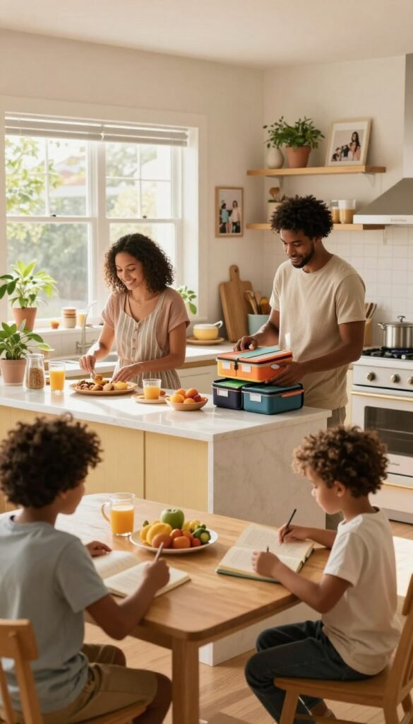 A warm, inviting family morning routine scene, showcasing a cozy kitchen filled with soft, natural light. In the foreground, a diverse family of four is engaged in their morning activities: a mother preparing breakfast at the counter, a father packing lunchboxes, and two children, one setting the table and the other reading a book. The middle ground features a well-organized kitchen with bright, welcoming colors, emphasizing a structured environment. In the background, sunlight filters through the window, creating a cheerful atmosphere enhanced by plants and family photographs. The image reflects harmony and order, promoting a peaceful start to the day. The overall mood is one of efficiency and warmth, reminiscent of a Pinterest aesthetic. Include subtle branding for "TechKiste" in the kitchen.