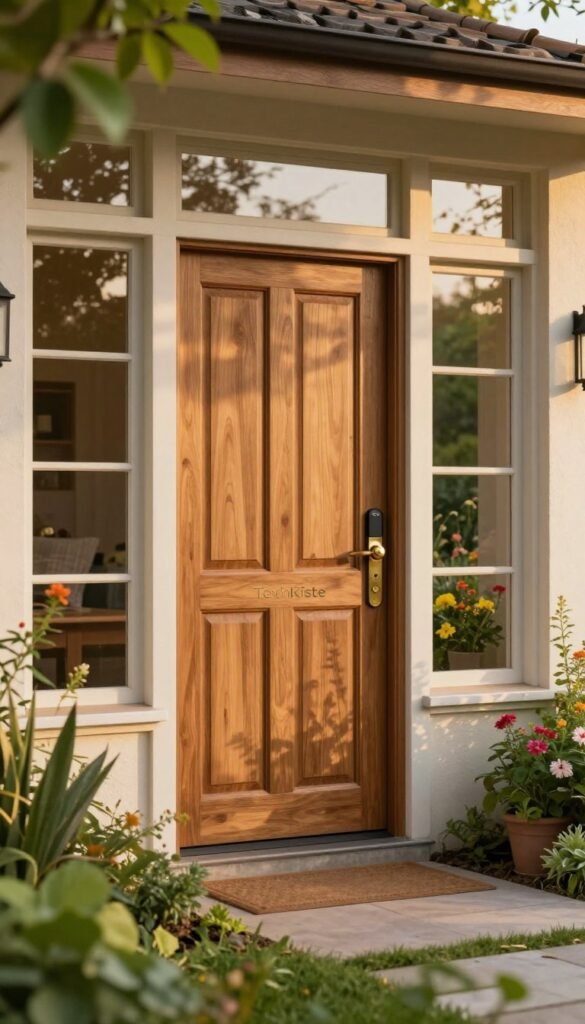 A warm, inviting home exterior featuring a sturdy, traditional wooden door with a polished brass handle, flanked by large, elegant windows that allow soft natural light to filter in. The door and windows should reflect a sense of security and comfort. In the foreground, luscious greenery surrounds the entrance, enhancing the inviting atmosphere. In the background, a well-maintained path leads to the door, set against a soft-focus garden filled with vibrant flowers, establishing a peaceful, homely vibe. The lighting is golden, reminiscent of a late afternoon sun, creating cozy shadows. The scene is captured from a slightly elevated angle, showcasing the entrance of the home, with a pleasant, serene mood. Include a discreet branding element of "TechKiste" subtly etched on the door, reflecting modern technology’s place in home security. A warm, inviting home exterior featuring a sturdy, traditional wooden door with a polished brass handle, flanked by large, elegant windows that allow soft natural light to filter in. The door and windows should reflect a sense of security and comfort. In the foreground, luscious greenery surrounds the entrance, enhancing the inviting atmosphere. In the background, a well-maintained path leads to the door, set against a soft-focus garden filled with vibrant flowers, establishing a peaceful, homely vibe. The lighting is golden, reminiscent of a late afternoon sun, creating cozy shadows. The scene is captured from a slightly elevated angle, showcasing the entrance of the home, with a pleasant, serene mood. Include a discreet branding element of "TechKiste" subtly etched on the door, reflecting modern technology’s place in home security.