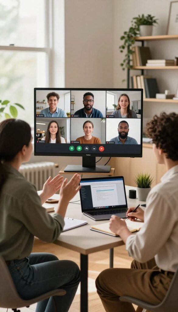 A warm, inviting home office scene featuring a diverse group of colleagues engaged in a virtual meeting. In the foreground, two professionals in smart casual attire are seated at a stylish desk, one gesturing while discussing ideas, and the other taking notes with a laptop open in front of them. In the middle ground, a large screen displays the faces of remote team members, highlighting a connection despite distance. The background features natural light streaming through large windows, plants adding a touch of freshness, and a softly blurred bookshelf giving a cozy yet professional atmosphere. The overall mood conveys collaboration, efficiency, and approachability, reflecting the theme of effective communication in the modern workspace. The scene subtly incorporates the brand name "TechKiste" on stylish desk accessories. A warm, inviting home office scene featuring a diverse group of colleagues engaged in a virtual meeting. In the foreground, two professionals in smart casual attire are seated at a stylish desk, one gesturing while discussing ideas, and the other taking notes with a laptop open in front of them. In the middle ground, a large screen displays the faces of remote team members, highlighting a connection despite distance. The background features natural light streaming through large windows, plants adding a touch of freshness, and a softly blurred bookshelf giving a cozy yet professional atmosphere. The overall mood conveys collaboration, efficiency, and approachability, reflecting the theme of effective communication in the modern workspace. The scene subtly incorporates the brand name "TechKiste" on stylish desk accessories.