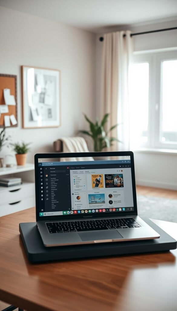 A warm, inviting home-office setup featuring a sleek TechKiste laptop monitor positioned prominently on a stylish, modern desk. In the foreground, the laptop displays a well-organized digital workspace with productivity tools open. The middle layer showcases a cozy chair adorned with a soft throw blanket, alongside a potted plant to add a touch of nature. In the background, a well-lit window filters natural light, casting a soft glow throughout the room. The walls are decorated with minimalist art and a bulletin board filled with notes and inspiration. The scene conveys a sense of calm productivity, with an earthy color palette and ambient lighting that creates a harmonious atmosphere ideal for various budget levels. No text or branding elements are present. A warm, inviting home-office setup featuring a sleek TechKiste laptop monitor positioned prominently on a stylish, modern desk. In the foreground, the laptop displays a well-organized digital workspace with productivity tools open. The middle layer showcases a cozy chair adorned with a soft throw blanket, alongside a potted plant to add a touch of nature. In the background, a well-lit window filters natural light, casting a soft glow throughout the room. The walls are decorated with minimalist art and a bulletin board filled with notes and inspiration. The scene conveys a sense of calm productivity, with an earthy color palette and ambient lighting that creates a harmonious atmosphere ideal for various budget levels. No text or branding elements are present.