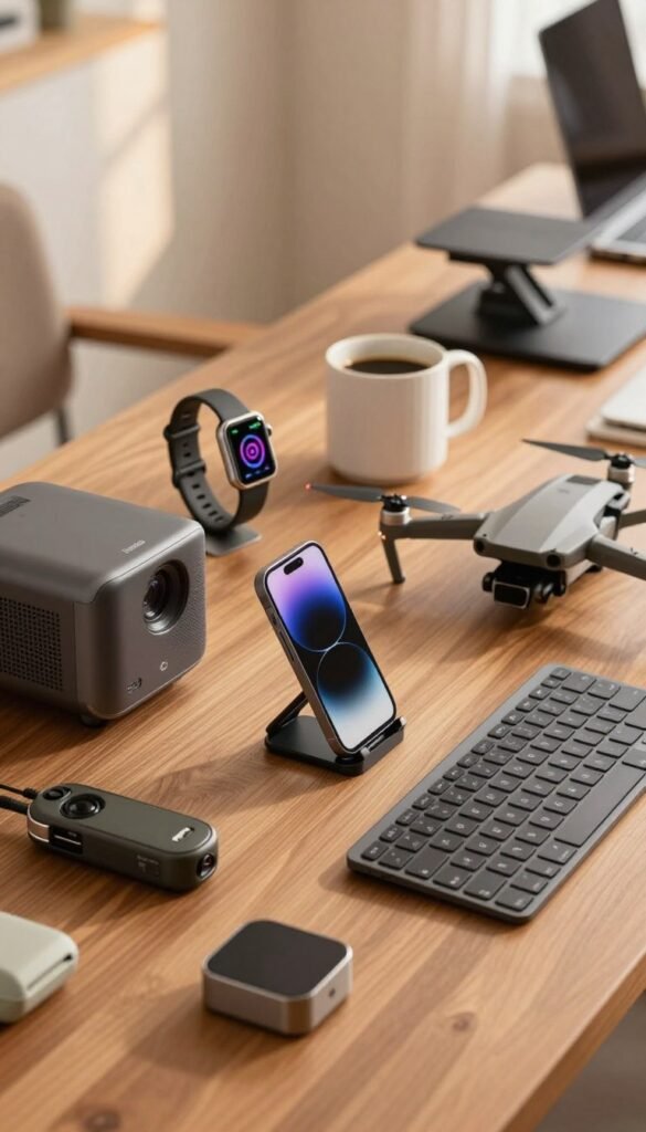 A warm, inviting image featuring a sleek, modern workspace with ten distinct flexible gadgets prominently displayed on a stylish wooden desk. In the foreground, arrange a compact multi-tool, a portable projector, a versatile smartphone stand, and a foldable keyboard, each showcasing their unique features. The middle ground features an innovative smartwatch, a smart coffee mug, and a lightweight drone, illustrating their practical use. In the background, softly blurred, are additional gadgets like a fitness tracker and an adjustable laptop riser, hinting at versatility. The lighting is soft and natural, casting a warm glow across the scene, reminiscent of a Pinterest aesthetic. The overall mood is one of inspiration and creativity, reflecting the brand "TechKiste" authentically, without text or overlays. A warm, inviting image featuring a sleek, modern workspace with ten distinct flexible gadgets prominently displayed on a stylish wooden desk. In the foreground, arrange a compact multi-tool, a portable projector, a versatile smartphone stand, and a foldable keyboard, each showcasing their unique features. The middle ground features an innovative smartwatch, a smart coffee mug, and a lightweight drone, illustrating their practical use. In the background, softly blurred, are additional gadgets like a fitness tracker and an adjustable laptop riser, hinting at versatility. The lighting is soft and natural, casting a warm glow across the scene, reminiscent of a Pinterest aesthetic. The overall mood is one of inspiration and creativity, reflecting the brand "TechKiste" authentically, without text or overlays.