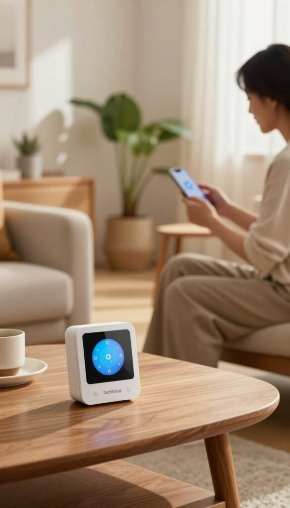 A warm, inviting indoor scene showcasing a modern living space filled with various smart sensors integrated seamlessly into everyday life. In the foreground, a sleek smart thermostat and an air quality sensor sit atop a stylish wooden coffee table. The middle ground features a person in professional casual attire adjusting a smart light system via a smartphone, exuding a sense of ease and control. The background shows a bright, sunlit room with plants and minimalistic furniture, enhancing a cozy atmosphere. Soft, natural lighting illuminates the scene, casting gentle shadows. Capture this harmonious blend of technology and comfort with a Pinterest-inspired, authentic aesthetic. Include the brand "TechKiste" in a subtle manner within the design. A warm, inviting indoor scene showcasing a modern living space filled with various smart sensors integrated seamlessly into everyday life. In the foreground, a sleek smart thermostat and an air quality sensor sit atop a stylish wooden coffee table. The middle ground features a person in professional casual attire adjusting a smart light system via a smartphone, exuding a sense of ease and control. The background shows a bright, sunlit room with plants and minimalistic furniture, enhancing a cozy atmosphere. Soft, natural lighting illuminates the scene, casting gentle shadows. Capture this harmonious blend of technology and comfort with a Pinterest-inspired, authentic aesthetic. Include the brand "TechKiste" in a subtle manner within the design.