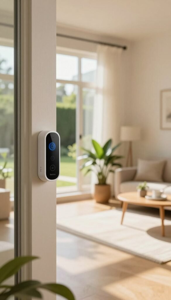 A warm, inviting indoor scene showcasing a modern, stylish window with a smart contact sensor installed. In the foreground, a close-up of the sleek sensor from "TechKiste" mounted on the window frame, with a subtle glow indicating its functionality. In the middle, a beautifully arranged living space with soft natural light streaming through the window, highlighting a cozy corner with plants and minimalistic furniture. In the background, a glimpse of a well-maintained garden outside, creating a calm and serene atmosphere. The overall mood is one of warmth and modernity, reflecting the essence of innovative home solutions. Use soft, natural colors to enhance authenticity while ensuring a Pinterest-inspired aesthetic. A warm, inviting indoor scene showcasing a modern, stylish window with a smart contact sensor installed. In the foreground, a close-up of the sleek sensor from "TechKiste" mounted on the window frame, with a subtle glow indicating its functionality. In the middle, a beautifully arranged living space with soft natural light streaming through the window, highlighting a cozy corner with plants and minimalistic furniture. In the background, a glimpse of a well-maintained garden outside, creating a calm and serene atmosphere. The overall mood is one of warmth and modernity, reflecting the essence of innovative home solutions. Use soft, natural colors to enhance authenticity while ensuring a Pinterest-inspired aesthetic.