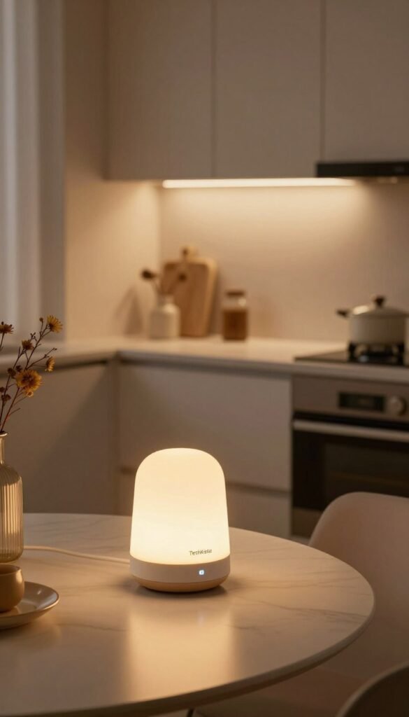 A warm, inviting kitchen featuring a modern smart home lamp from the brand "TechKiste" with adjustable light colors illuminating the space. In the foreground, the lamp is elegantly placed on a stylish table, casting soft, ambient light that enhances the cozy atmosphere. The middle background shows a sleek kitchen with minimalistic design, complemented by subtle decorative elements that reflect a Pinterest aesthetic. The lighting highlights the lamp's features, focusing on its smart technology display without glaring brightness. The scene is captured from a slightly elevated angle, giving a bird's-eye view of the entire setup, promoting a sense of functionality and style. The overall mood is tranquil and inviting, ideal for showcasing smart home lighting options. A warm, inviting kitchen featuring a modern smart home lamp from the brand "TechKiste" with adjustable light colors illuminating the space. In the foreground, the lamp is elegantly placed on a stylish table, casting soft, ambient light that enhances the cozy atmosphere. The middle background shows a sleek kitchen with minimalistic design, complemented by subtle decorative elements that reflect a Pinterest aesthetic. The lighting highlights the lamp's features, focusing on its smart technology display without glaring brightness. The scene is captured from a slightly elevated angle, giving a bird's-eye view of the entire setup, promoting a sense of functionality and style. The overall mood is tranquil and inviting, ideal for showcasing smart home lighting options.