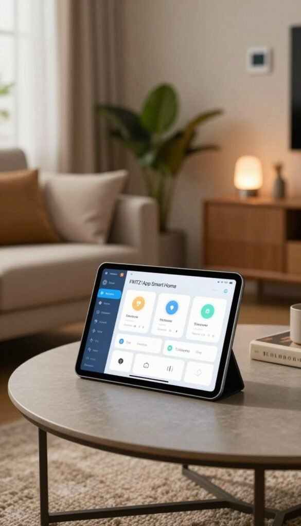 A warm, inviting living room scene showcasing the "FRITZ!App Smart Home" on a sleek tablet resting on a stylish coffee table. In the foreground, the tablet screen displays a user-friendly interface with smart home control options. The middle ground features modern furniture and decorative plants that create a cozy atmosphere, with soft natural lighting coming from a window. The background includes subtle hints of a smart home environment, like smart bulbs glowing gently and a thermostat on the wall. The overall mood conveys innovation and comfort, emphasizing the control and convenience offered by the update. The image should have a Pinterest-inspired aesthetic, reminiscent of a TechKiste design, without any text or branding overlays.