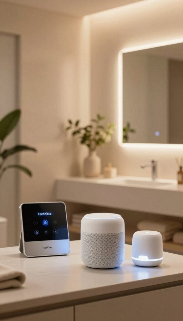 A warm, inviting modern bathroom setting with smart automation features prominently displayed. In the foreground, sleek smart devices labeled "TechKiste" are arranged, showcasing a KNX control panel, a Zigbee smart speaker, and Z-Wave-enabled lights, all with an elegant design. The middle ground reveals stylish fixtures including a clean, illuminated mirror that reflects the innovation of smart technology. The background shows softly lit walls in neutral tones, adorned with decorative plants for a natural touch. Soft, ambient lighting creates a cozy atmosphere, emphasizing the interconnectedness of the devices. The scene captures a harmonious blend of technology and comfort, promoting the concept of a smart, automated bathroom experience. No text or watermarks included. A warm, inviting modern bathroom setting with smart automation features prominently displayed. In the foreground, sleek smart devices labeled "TechKiste" are arranged, showcasing a KNX control panel, a Zigbee smart speaker, and Z-Wave-enabled lights, all with an elegant design. The middle ground reveals stylish fixtures including a clean, illuminated mirror that reflects the innovation of smart technology. The background shows softly lit walls in neutral tones, adorned with decorative plants for a natural touch. Soft, ambient lighting creates a cozy atmosphere, emphasizing the interconnectedness of the devices. The scene captures a harmonious blend of technology and comfort, promoting the concept of a smart, automated bathroom experience. No text or watermarks included.