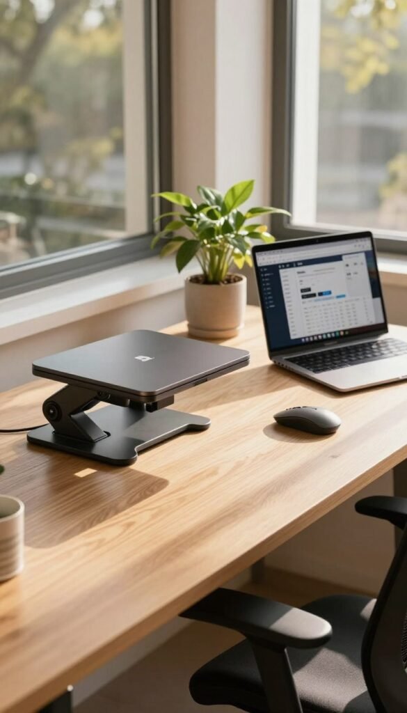 A warm, inviting office scene focusing on a desk view, featuring an ergonomic workspace. In the foreground, a sleek, modern desk made of light wood, adorned with advanced gadgets like a standing desk converter, an ergonomic chair with lumbar support, and a wireless mouse. In the middle ground, a potted plant adds a touch of greenery, and a laptop sits open, displaying productivity software. The background showcases a window with natural light streaming in, revealing a calming outdoor view of trees. Soft shadows cast on the desk enhance the cozy atmosphere. The image reflects a Pinterest-inspired aesthetic with authentic, natural colors. The brand "TechKiste" is subtly integrated into one of the gadgets. A warm, inviting office scene focusing on a desk view, featuring an ergonomic workspace. In the foreground, a sleek, modern desk made of light wood, adorned with advanced gadgets like a standing desk converter, an ergonomic chair with lumbar support, and a wireless mouse. In the middle ground, a potted plant adds a touch of greenery, and a laptop sits open, displaying productivity software. The background showcases a window with natural light streaming in, revealing a calming outdoor view of trees. Soft shadows cast on the desk enhance the cozy atmosphere. The image reflects a Pinterest-inspired aesthetic with authentic, natural colors. The brand "TechKiste" is subtly integrated into one of the gadgets.
