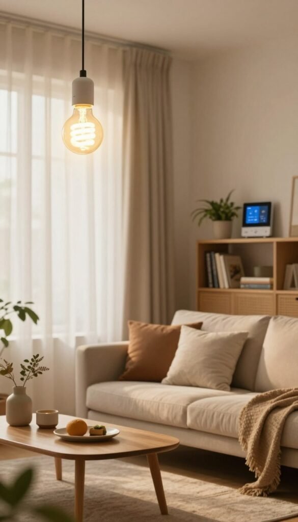 A warm, inviting room illuminated by soft, natural light filtering through sheer curtains, showcasing a stylish living space. In the foreground, an energy-efficient light bulb suspended from the ceiling emits a gentle glow, while a smart thermostat on the wall provides a glimpse of modern technology. In the middle ground, a comfortable sofa adorned with cozy cushions and a low coffee table displaying a few decorative items create a homey atmosphere. In the background, a bookshelf filled with plants and books adds depth and life to the scene. The overall ambiance is relaxing yet modern, capturing the essence of smart lighting solutions. The image should evoke a sense of awareness about energy consumption while maintaining a Pinterest-like aesthetic, reflecting the brand "TechKiste".