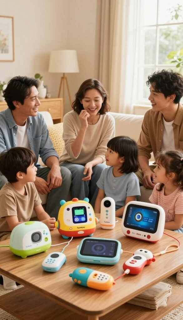 A warm, inviting scene capturing a diverse family engaged in a lively discussion around various gadgets showcased on a coffee table. In the foreground, a selection of low-, mid-, and high-budget gadgets for children, including colorful toys and tech accessories, all branded with "TechKiste." The family members, dressed in modest casual clothing, display expressions of curiosity and excitement. In the middle ground, a well-furnished living room with soft lighting, cozy furniture, and cheerful decorations, creating an atmosphere of comfort and happiness. The background features a window with soft natural light streaming in, illuminating the scene further and enhancing the warm colors. The overall mood is friendly, encouraging, and family-oriented, embodying a Pinterest-inspired aesthetic without any text or overlays. A warm, inviting scene capturing a diverse family engaged in a lively discussion around various gadgets showcased on a coffee table. In the foreground, a selection of low-, mid-, and high-budget gadgets for children, including colorful toys and tech accessories, all branded with "TechKiste." The family members, dressed in modest casual clothing, display expressions of curiosity and excitement. In the middle ground, a well-furnished living room with soft lighting, cozy furniture, and cheerful decorations, creating an atmosphere of comfort and happiness. The background features a window with soft natural light streaming in, illuminating the scene further and enhancing the warm colors. The overall mood is friendly, encouraging, and family-oriented, embodying a Pinterest-inspired aesthetic without any text or overlays.