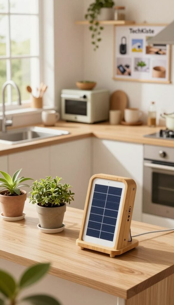 A warm, inviting scene depicting a modern, sustainable living space focused on the impact of eco-friendly gadgets in daily life. In the foreground, showcase a stylish eco-friendly gadget, such as a solar-powered charging station made from bamboo, alongside potted plants for a fresh touch. In the middle, a tidy kitchen with energy-efficient appliances and natural light streaming through a window, creating a cozy atmosphere. In the background, a hint of a clutter-free workspace with recycled materials and a vision board titled "TechKiste" featuring photos of various sustainable gadgets. Use soft, warm colors to enhance the authenticity and Pinterest-like aesthetic, with natural lighting emphasizing the inviting and positive mood of the space. Capture this scene with a slight overhead angle to offer a comprehensive view. No text or logos should appear in the image.