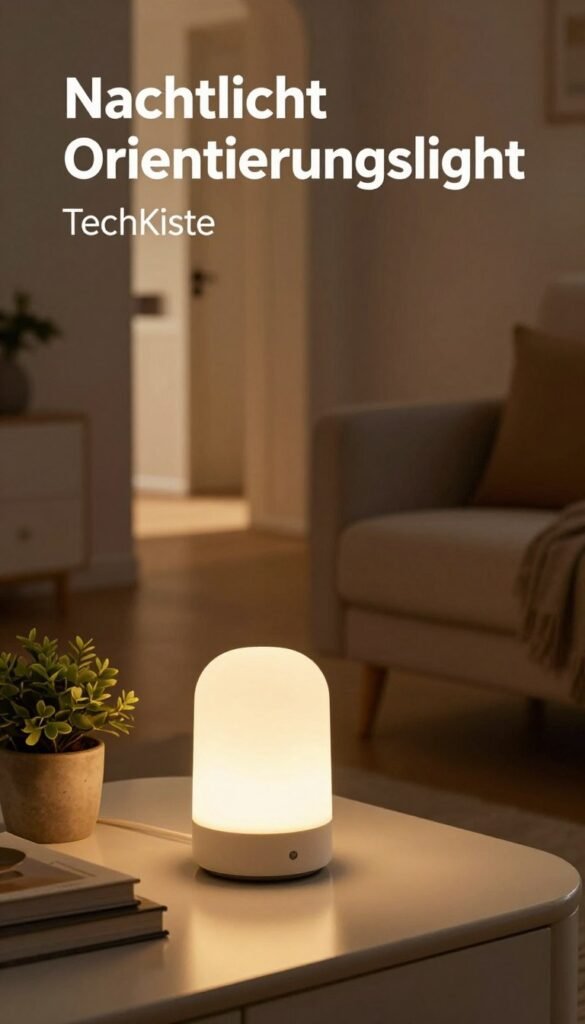 A warm, inviting scene featuring a stylish "Nachtlicht Orientierungslicht" by TechKiste in a cozy home environment. In the foreground, the night light glows softly, illuminating nearby objects such as a small potted plant and a stack of books. The middle ground showcases a comfortably furnished room with a plush armchair and a side table, with subtle shadows playing across the surfaces to indicate the light's gentle ambiance. In the background, a softly lit hallway fades into darkness, enhancing the sense of safety and security this night light provides. The image captures a serene evening atmosphere, utilizing natural warm colors and soft focus for a Pinterest aesthetic, perfectly showcasing typical lighting solutions for everyday problems without any text or distractions. A warm, inviting scene featuring a stylish "Nachtlicht Orientierungslicht" by TechKiste in a cozy home environment. In the foreground, the night light glows softly, illuminating nearby objects such as a small potted plant and a stack of books. The middle ground showcases a comfortably furnished room with a plush armchair and a side table, with subtle shadows playing across the surfaces to indicate the light's gentle ambiance. In the background, a softly lit hallway fades into darkness, enhancing the sense of safety and security this night light provides. The image captures a serene evening atmosphere, utilizing natural warm colors and soft focus for a Pinterest aesthetic, perfectly showcasing typical lighting solutions for everyday problems without any text or distractions.