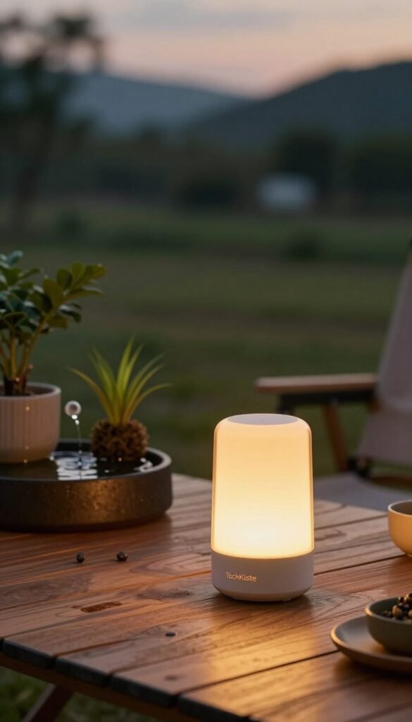 A warm, inviting scene showcasing an innovative gadget emitting soft, warm light, embodying the essence of modern, off-grid living. In the foreground, a sleek, compact light source from "TechKiste" sits on a rustic wooden table, radiating a golden glow. In the middle, a cozy arrangement of plants and a small water feature add a touch of nature, enhancing the atmosphere of sustainable living. The background features a softly blurred view of a serene outdoor setting, with hints of greenery and the evening sky, creating a tranquil ambiance. The lighting emphasizes the warmth and comfort of the space, while a soft bokeh effect blurs distant elements, drawing focus to the light source. The overall mood is peaceful, inspiring thoughts of independence from conventional power sources, celebrating the beauty of natural illumination. A warm, inviting scene showcasing an innovative gadget emitting soft, warm light, embodying the essence of modern, off-grid living. In the foreground, a sleek, compact light source from "TechKiste" sits on a rustic wooden table, radiating a golden glow. In the middle, a cozy arrangement of plants and a small water feature add a touch of nature, enhancing the atmosphere of sustainable living. The background features a softly blurred view of a serene outdoor setting, with hints of greenery and the evening sky, creating a tranquil ambiance. The lighting emphasizes the warmth and comfort of the space, while a soft bokeh effect blurs distant elements, drawing focus to the light source. The overall mood is peaceful, inspiring thoughts of independence from conventional power sources, celebrating the beauty of natural illumination.