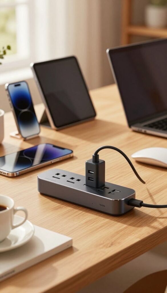 A warm, inviting workspace featuring a stylish desk with various power sockets and smart devices selected for different budgets. In the foreground, focus on a sleek, modern power strip with multiple USB and power ports, elegantly designed and plugged into an outlet. The middle ground showcases an array of electronic devices like a smartphone, tablet, and laptop positioned comfortably around the desk, highlighting their compatibility with the power solutions. In the background, soft natural light filters through a window, casting a gentle glow and creating a cozy atmosphere. The overall aesthetic is clean and organized, reminiscent of a Pinterest board, promoting a sense of practicality and innovation. The brand name "TechKiste" subtly included in the scene as a design element on the power strip.