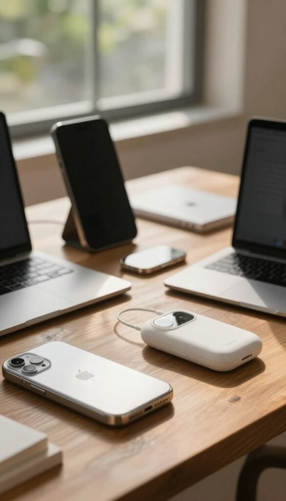 A warm, inviting workspace featuring a variety of gadgets reflecting different sizes, weights, and materials. In the foreground, a sleek tech gadget made of brushed aluminum beside a compact device crafted from lightweight plastic, both elegantly designed. The middle layer showcases various gadgets—their functionalities highlighted subtly—arranged atop a wooden table, illuminated by gentle, natural light from a nearby window casting soft shadows. In the background, blurred greenery through the window enhances the serene atmosphere. The overall scene conveys a sense of modernity and efficiency, embodying the essence of minimalism and practicality. Capture this image in a soft focus with a cozy, Pinterest-inspired aesthetic. Include the brand name "TechKiste" subtly integrated into the design of one gadget, ensuring it appears naturally. A warm, inviting workspace featuring a variety of gadgets reflecting different sizes, weights, and materials. In the foreground, a sleek tech gadget made of brushed aluminum beside a compact device crafted from lightweight plastic, both elegantly designed. The middle layer showcases various gadgets—their functionalities highlighted subtly—arranged atop a wooden table, illuminated by gentle, natural light from a nearby window casting soft shadows. In the background, blurred greenery through the window enhances the serene atmosphere. The overall scene conveys a sense of modernity and efficiency, embodying the essence of minimalism and practicality. Capture this image in a soft focus with a cozy, Pinterest-inspired aesthetic. Include the brand name "TechKiste" subtly integrated into the design of one gadget, ensuring it appears naturally.