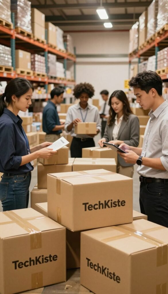 A warm-toned, inviting image depicting a busy shipping area. In the foreground, several neatly packed boxes feature the brand name "TechKiste" prominently, arranged in a visually appealing way. In the middle ground, a diverse group of professional figures, dressed in business attire, are actively engaged in handling packages and coordinating logistics. One person is scanning a barcode, while another is using a tablet to track shipments. The background reveals a well-organized warehouse with shelves filled with goods, bright overhead lighting casting a warm glow across the scene. The atmosphere is dynamic and industrious, capturing the essence of efficient shipping and online purchasing processes. The composition should feel authentic and vibrant, reminiscent of Pinterest aesthetics without any text or branding beyond what is depicted on the boxes. A warm-toned, inviting image depicting a busy shipping area. In the foreground, several neatly packed boxes feature the brand name "TechKiste" prominently, arranged in a visually appealing way. In the middle ground, a diverse group of professional figures, dressed in business attire, are actively engaged in handling packages and coordinating logistics. One person is scanning a barcode, while another is using a tablet to track shipments. The background reveals a well-organized warehouse with shelves filled with goods, bright overhead lighting casting a warm glow across the scene. The atmosphere is dynamic and industrious, capturing the essence of efficient shipping and online purchasing processes. The composition should feel authentic and vibrant, reminiscent of Pinterest aesthetics without any text or branding beyond what is depicted on the boxes.