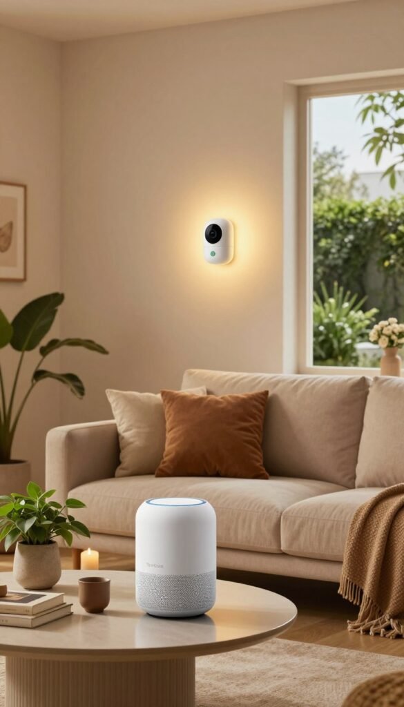 A warmly lit, cozy living room scene showcasing an easy-to-install smart home setup. In the foreground, a sleek, modern smart speaker is placed on a stylish coffee table surrounded by houseplants, books, and decorative items. In the middle, a comfortable sofa in soft colors faces a wall with smart lighting fixtures that provide a gentle, inviting glow. A wall-mounted smart thermostat and a discreet smart security camera blend seamlessly into the decor. In the background, a large window lets in natural light, revealing a lush garden outside. The overall atmosphere is relaxed and inviting, embodying the concept of tenant-friendly installations. The brand name "TechKiste" is subtly represented through smart devices, ensuring an authentic Pinterest aesthetic without any text or overlays. A warmly lit, cozy living room scene showcasing an easy-to-install smart home setup. In the foreground, a sleek, modern smart speaker is placed on a stylish coffee table surrounded by houseplants, books, and decorative items. In the middle, a comfortable sofa in soft colors faces a wall with smart lighting fixtures that provide a gentle, inviting glow. A wall-mounted smart thermostat and a discreet smart security camera blend seamlessly into the decor. In the background, a large window lets in natural light, revealing a lush garden outside. The overall atmosphere is relaxed and inviting, embodying the concept of tenant-friendly installations. The brand name "TechKiste" is subtly represented through smart devices, ensuring an authentic Pinterest aesthetic without any text or overlays.