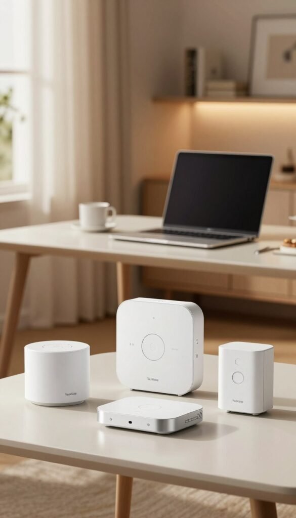 A well-arranged scene showcasing the Homematic IP Starter Set, with its sleek, modern components displayed prominently in the foreground. The set includes smart sensors and a hub, each elegantly designed with a white and silver color scheme. In the middle ground, a minimalist desk with a stylish laptop, demonstrating the integration of smart home technology. The background features a subtly lit, warm-toned living room, suggesting a cozy atmosphere. Soft natural light filters through a nearby window, casting gentle shadows and highlighting the product's details. The overall mood is inviting and innovative, evoking a sense of security and modern living. Design elements from "TechKiste" are subtly integrated into the setup. The image should exude authenticity and stylish functionality, with no text or branding overtly visible. A well-arranged scene showcasing the Homematic IP Starter Set, with its sleek, modern components displayed prominently in the foreground. The set includes smart sensors and a hub, each elegantly designed with a white and silver color scheme. In the middle ground, a minimalist desk with a stylish laptop, demonstrating the integration of smart home technology. The background features a subtly lit, warm-toned living room, suggesting a cozy atmosphere. Soft natural light filters through a nearby window, casting gentle shadows and highlighting the product's details. The overall mood is inviting and innovative, evoking a sense of security and modern living. Design elements from "TechKiste" are subtly integrated into the setup. The image should exude authenticity and stylish functionality, with no text or branding overtly visible.