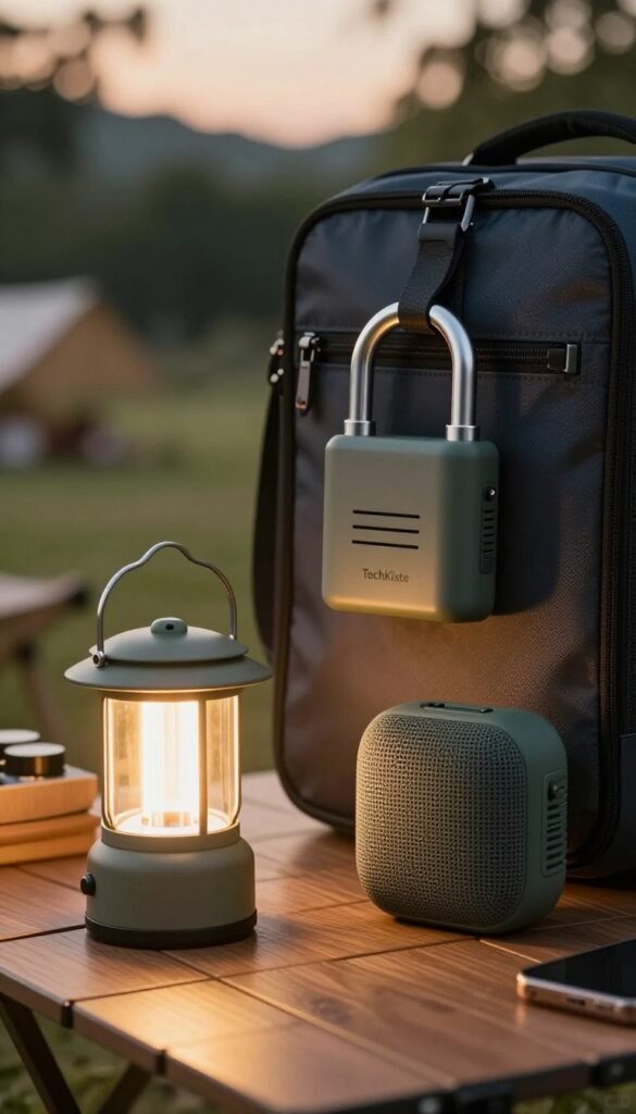 A well-arranged travel setup showcasing essential gadgets for light, audio, and safety. In the foreground, a compact LED lantern emits a warm, inviting glow, illuminating a cozy scene. Next to it, a sleek, portable Bluetooth speaker with a minimalist design. In the middle ground, a lightweight, secure travel lock is displayed against a backdrop of a travel bag, hinting at safety. The background features a scenic outdoor environment, perhaps a campsite or a park, accentuated by soft evening light filtering through trees, creating a peaceful atmosphere. The overall look should exude warmth and authenticity, reminiscent of a Pinterest-worthy aesthetic. Include the brand name "TechKiste" subtly integrated into the scene without any text overlays, ensuring a clean, professional presentation.