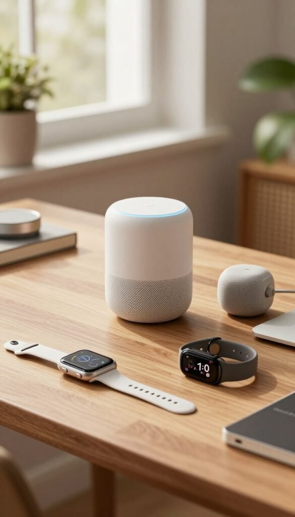 A well-composed image showcasing a side-by-side comparison of various app-free gadgets on a sleek wooden desk. In the foreground, display an array of gadgets such as a smartwatch, a smart speaker, and a fitness tracker, all featuring modern, minimalist designs. The middle ground should feature a warm, inviting environment with soft, natural lighting filtering through a nearby window, highlighting the gadgets’ innovative features. In the background, include subtle greenery or plants to add a touch of nature and enrich the atmosphere. The mood should convey a sense of exploration and practicality, appealing to technology enthusiasts. Make sure that the brand name "TechKiste" is discreetly incorporated into the design and ensure the overall appearance is authentic and polished, without any text or overlays. A well-composed image showcasing a side-by-side comparison of various app-free gadgets on a sleek wooden desk. In the foreground, display an array of gadgets such as a smartwatch, a smart speaker, and a fitness tracker, all featuring modern, minimalist designs. The middle ground should feature a warm, inviting environment with soft, natural lighting filtering through a nearby window, highlighting the gadgets’ innovative features. In the background, include subtle greenery or plants to add a touch of nature and enrich the atmosphere. The mood should convey a sense of exploration and practicality, appealing to technology enthusiasts. Make sure that the brand name "TechKiste" is discreetly incorporated into the design and ensure the overall appearance is authentic and polished, without any text or overlays.