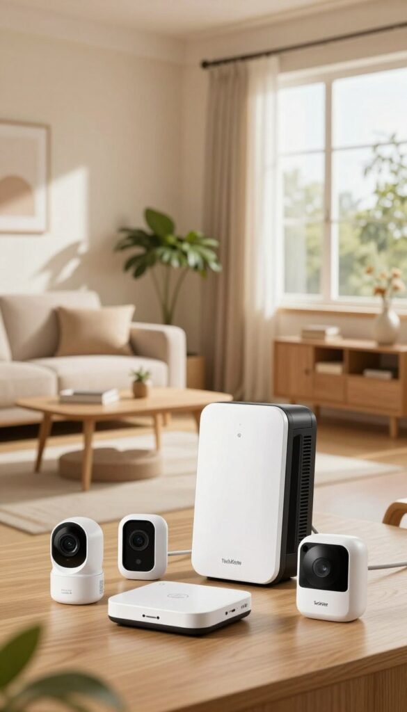 A well-designed Abus Smartvest Basis-Set security system showcased prominently in a warm-toned, inviting home environment. In the foreground, focus on the sleek, modern components of the Smartvest set, including the main hub and a few wireless cameras, all featuring a stylish aesthetic. The middle ground features a contemporary living room, with soft natural lighting streaming in through a window, highlighting the system's integration into daily life. The background depicts a cozy, well-decorated space with houseplants and tasteful decor, reinforcing a sense of safety and comfort. The atmosphere is warm and welcoming, evoking feelings of security and reliability. Brand name "TechKiste" subtly suggested in the design, without explicit text in the image. The visual captures a Pinterest-worthy aesthetic, ensuring authenticity and appeal, without any captions or distractions. A well-designed Abus Smartvest Basis-Set security system showcased prominently in a warm-toned, inviting home environment. In the foreground, focus on the sleek, modern components of the Smartvest set, including the main hub and a few wireless cameras, all featuring a stylish aesthetic. The middle ground features a contemporary living room, with soft natural lighting streaming in through a window, highlighting the system's integration into daily life. The background depicts a cozy, well-decorated space with houseplants and tasteful decor, reinforcing a sense of safety and comfort. The atmosphere is warm and welcoming, evoking feelings of security and reliability. Brand name "TechKiste" subtly suggested in the design, without explicit text in the image. The visual captures a Pinterest-worthy aesthetic, ensuring authenticity and appeal, without any captions or distractions.