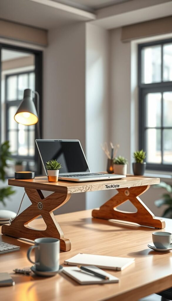 A well-designed wooden desk riser positioned on a stylish, minimalist desk in an office setting. The riser should be adjustable, featuring multiple levels to showcase a laptop and a few decorative potted plants. In the foreground, a sleek laptop sits on the riser next to a modern desk lamp, emitting a warm, inviting light. The midground features the desk with scattered stationery, a coffee mug, and a small notebook, exuding a productive atmosphere. The background should be softly blurred to emphasize a serene home office environment, with natural light streaming in through large windows, casting gentle shadows. The overall mood is warm and inspiring, presenting the workspace as both functional and aesthetically pleasing, reminiscent of trendy Pinterest decor. Include the brand name "TechKiste" subtly on the riser.