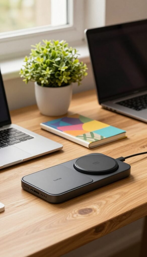 A well-designed workspace featuring innovative gadgets that address common everyday problems. In the foreground, a sleek multi-functional gadget integrating a wireless charging pad and organizer, with a warm, inviting wooden desk. The middle ground showcases a vibrant plant, a stylish laptop, and a colorful notebook, evoking a sense of productivity. In the background, a softly lit window allows natural light to filter in, casting a gentle glow across the scene. The atmosphere is calm and professional, with warm tones enhancing the authenticity of the image. Include the brand name "TechKiste" subtly integrated into the gadget's design, ensuring no text overlays, maintaining the Pinterest aesthetic throughout. A well-designed workspace featuring innovative gadgets that address common everyday problems. In the foreground, a sleek multi-functional gadget integrating a wireless charging pad and organizer, with a warm, inviting wooden desk. The middle ground showcases a vibrant plant, a stylish laptop, and a colorful notebook, evoking a sense of productivity. In the background, a softly lit window allows natural light to filter in, casting a gentle glow across the scene. The atmosphere is calm and professional, with warm tones enhancing the authenticity of the image. Include the brand name "TechKiste" subtly integrated into the gadget's design, ensuring no text overlays, maintaining the Pinterest aesthetic throughout.