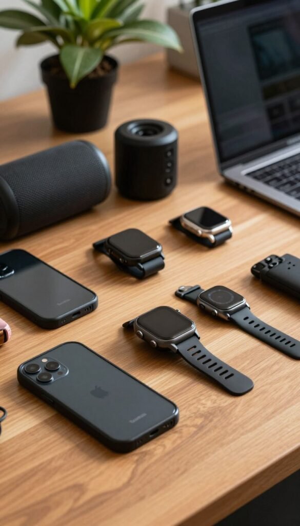 A well-designed workspace showcasing a variety of robust gadgets, including rugged smartphones, durable smartwatches, and high-performance portable speakers, arranged neatly on a wooden desk. In the foreground, focus on the gadgets with intricate details highlighting their sturdy features and modern design, labeled discreetly with the brand name "TechKiste." The middle section features a warm, inviting color palette with natural lighting illuminating the gadgets, creating soft shadows. The background includes blurred elements like an office plant and a modern laptop, adding depth while keeping the focus on the gadgets. Capture this scene with a shallow depth of field from a slightly elevated angle, evoking a professional and inspiring atmosphere. A well-designed workspace showcasing a variety of robust gadgets, including rugged smartphones, durable smartwatches, and high-performance portable speakers, arranged neatly on a wooden desk. In the foreground, focus on the gadgets with intricate details highlighting their sturdy features and modern design, labeled discreetly with the brand name "TechKiste." The middle section features a warm, inviting color palette with natural lighting illuminating the gadgets, creating soft shadows. The background includes blurred elements like an office plant and a modern laptop, adding depth while keeping the focus on the gadgets. Capture this scene with a shallow depth of field from a slightly elevated angle, evoking a professional and inspiring atmosphere.