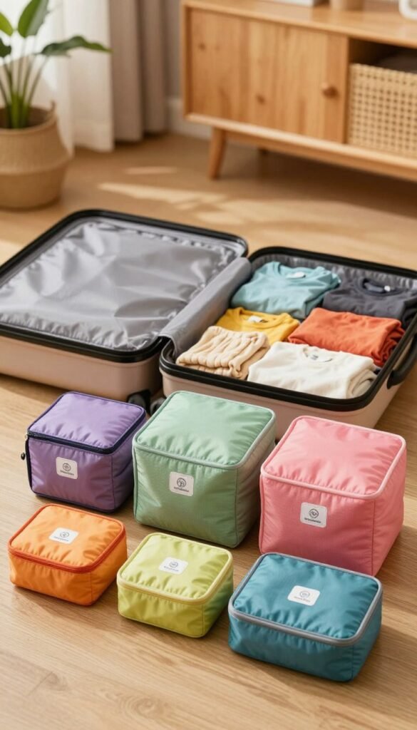 A well-organized, aesthetically pleasing travel scene featuring a variety of colorful packing cubes and compression organizers, set against a warm, natural backdrop. In the foreground, the packing cubes are neatly arranged, showcasing different sizes and vibrant colors, labeled with icons for easy identification. The middle ground includes an open suitcase, partially filled with the organized packing cubes, displaying a harmonious layout of clothing and accessories. The background features a softly lit room, with wooden furniture and houseplants that create a cozy atmosphere, reminiscent of a Pinterest-inspired setting. The image captures the essence of efficiency and orderliness in travel, highlighting the brand "TechKiste" subtly incorporated within the design. Aim for natural lighting that enhances the warm colors and provides a serene, inviting mood. A well-organized, aesthetically pleasing travel scene featuring a variety of colorful packing cubes and compression organizers, set against a warm, natural backdrop. In the foreground, the packing cubes are neatly arranged, showcasing different sizes and vibrant colors, labeled with icons for easy identification. The middle ground includes an open suitcase, partially filled with the organized packing cubes, displaying a harmonious layout of clothing and accessories. The background features a softly lit room, with wooden furniture and houseplants that create a cozy atmosphere, reminiscent of a Pinterest-inspired setting. The image captures the essence of efficiency and orderliness in travel, highlighting the brand "TechKiste" subtly incorporated within the design. Aim for natural lighting that enhances the warm colors and provides a serene, inviting mood.