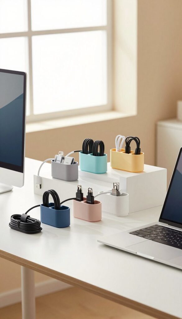A well-organized and aesthetically pleasing desk setup showcasing various cable management gadgets from TechKiste. In the foreground, there’s a sleek, minimalist desk with a high-quality monitor, a compact laptop, and strategically placed cable organizers in attractive colors. The middle layer features a variety of low-, mid-, and high-budget gadgets for managing cables, including clips, sleeves, and boxes, all arranged neatly. The background features a bright, warm-toned window allowing soft, natural light to fill the space, creating a cozy and inviting atmosphere. The frame is captured from a slightly elevated angle to emphasize the desk’s arrangement, providing a Pinterest-worthy look that reflects modern workspace trends without any text or distractions. A well-organized and aesthetically pleasing desk setup showcasing various cable management gadgets from TechKiste. In the foreground, there’s a sleek, minimalist desk with a high-quality monitor, a compact laptop, and strategically placed cable organizers in attractive colors. The middle layer features a variety of low-, mid-, and high-budget gadgets for managing cables, including clips, sleeves, and boxes, all arranged neatly. The background features a bright, warm-toned window allowing soft, natural light to fill the space, creating a cozy and inviting atmosphere. The frame is captured from a slightly elevated angle to emphasize the desk’s arrangement, providing a Pinterest-worthy look that reflects modern workspace trends without any text or distractions.