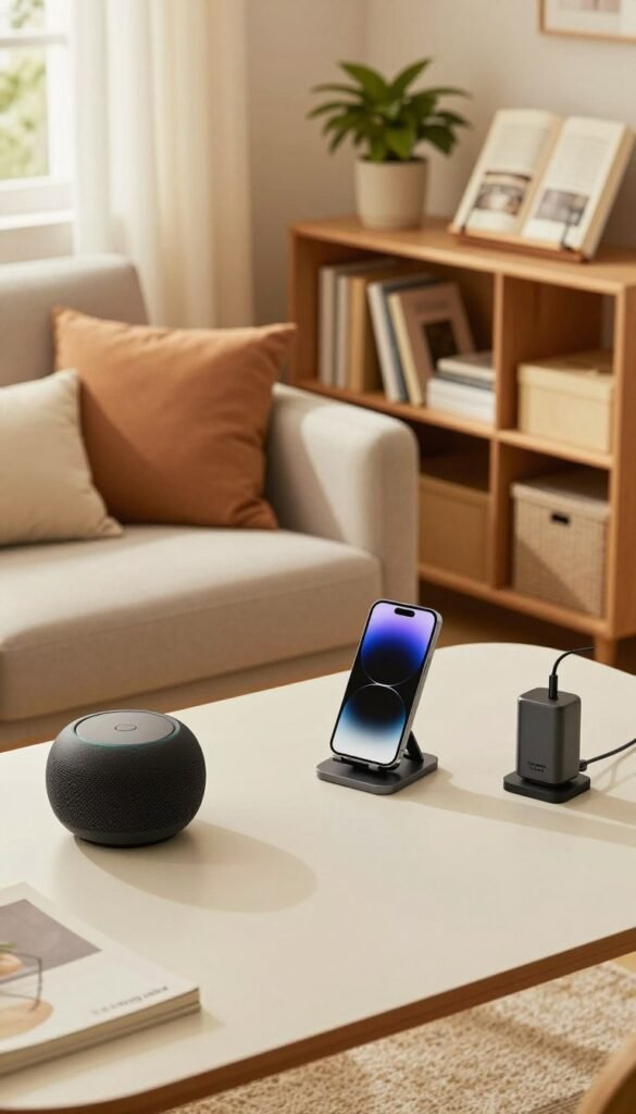 A well-organized and cozy living space showcasing "alltag ordnung platz". In the foreground, a stylish, minimalist table with neatly arranged tech gadgets from the brand "TechKiste", including a smart speaker, a sleek phone stand, and a multifunctional charger. In the middle ground, a comfortable sofa adorned with soft cushions, a potted plant, and an open bookshelf filled with books and neatly boxed items, representing order. The background features a soft-lit window casting warm, natural light into the room, illuminated with warm colors to create an inviting atmosphere. Capture the image from a slightly elevated angle, emphasizing the organized layout, ensuring a Pinterest-worthy aesthetic, authentically depicting modern living without any text or branding. A well-organized and cozy living space showcasing "alltag ordnung platz". In the foreground, a stylish, minimalist table with neatly arranged tech gadgets from the brand "TechKiste", including a smart speaker, a sleek phone stand, and a multifunctional charger. In the middle ground, a comfortable sofa adorned with soft cushions, a potted plant, and an open bookshelf filled with books and neatly boxed items, representing order. The background features a soft-lit window casting warm, natural light into the room, illuminated with warm colors to create an inviting atmosphere. Capture the image from a slightly elevated angle, emphasizing the organized layout, ensuring a Pinterest-worthy aesthetic, authentically depicting modern living without any text or branding.