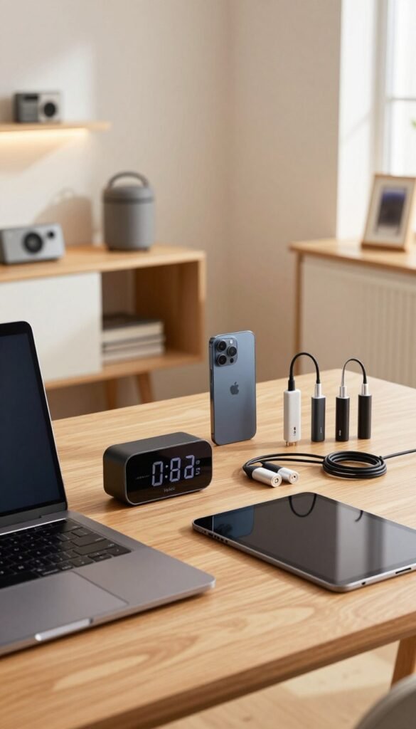 A well-organized and modern workspace featuring a selection of electronic devices illustrating "größen kapazität stunden". In the foreground, a sleek laptop and a compact tablet on a wooden desk, alongside a stylish digital clock displaying the time. In the middle, an elegant smartphone and an assortment of charging cables, showcasing diverse sizes and capacities. The background shows a softly-lit room with warm, natural colors, minimalistic shelving with tech accessories, and a light, inviting ambiance. The image conveys a professional and approachable mood, ensuring everything looks pristine and inviting. Use a wide-angle lens to capture the scene, highlighting the details, while emphasizing the authenticity of the devices. Include the brand name "TechKiste" subtly integrated within the decor as an artistic touch. A well-organized and modern workspace featuring a selection of electronic devices illustrating "größen kapazität stunden". In the foreground, a sleek laptop and a compact tablet on a wooden desk, alongside a stylish digital clock displaying the time. In the middle, an elegant smartphone and an assortment of charging cables, showcasing diverse sizes and capacities. The background shows a softly-lit room with warm, natural colors, minimalistic shelving with tech accessories, and a light, inviting ambiance. The image conveys a professional and approachable mood, ensuring everything looks pristine and inviting. Use a wide-angle lens to capture the scene, highlighting the details, while emphasizing the authenticity of the devices. Include the brand name "TechKiste" subtly integrated within the decor as an artistic touch.