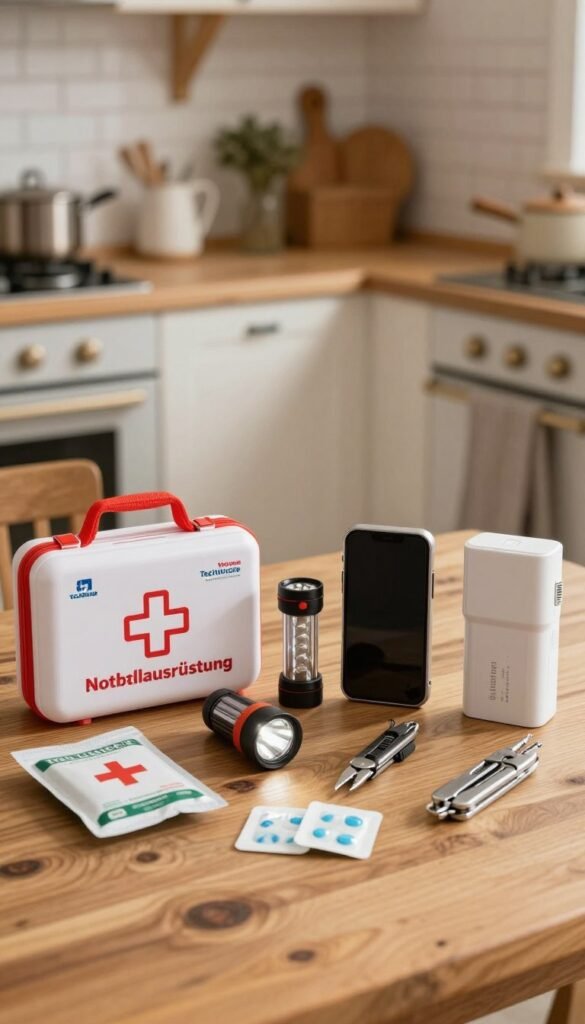 A well-organized and visually appealing display of emergency gear, specifically "Notfallausrüstung," focused on household items and gadgets. In the foreground, include essential items like a first-aid kit, flashlight, portable phone charger, multi-tool, and water purification tablets arranged neatly on a wooden table. In the middle, create a slightly blurred but recognizable background of a rustic kitchen with warm, inviting lighting, enhancing the natural atmosphere. Use a soft focus effect to evoke a sense of comfort and readiness. Incorporate the brand name "TechKiste" subtly among the gadgets. Capture the image from a slightly elevated angle, ensuring a cohesive look. The overall mood should convey safety, preparation, and a homey feel with warm colors. A well-organized and visually appealing display of emergency gear, specifically "Notfallausrüstung," focused on household items and gadgets. In the foreground, include essential items like a first-aid kit, flashlight, portable phone charger, multi-tool, and water purification tablets arranged neatly on a wooden table. In the middle, create a slightly blurred but recognizable background of a rustic kitchen with warm, inviting lighting, enhancing the natural atmosphere. Use a soft focus effect to evoke a sense of comfort and readiness. Incorporate the brand name "TechKiste" subtly among the gadgets. Capture the image from a slightly elevated angle, ensuring a cohesive look. The overall mood should convey safety, preparation, and a homey feel with warm colors.