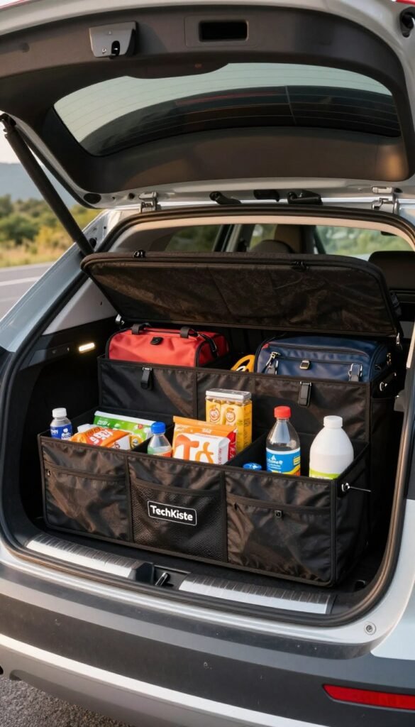 A well-organized car trunk featuring a stylish, functional "TechKiste" trunk organizer. In the foreground, the organizer is filled with various everyday items like travel bags, groceries, and sports equipment, showcasing its ample storage compartments. The middle ground highlights the spacious trunk of a modern car, emphasizing the neat arrangement made possible by the organizer, with soft, natural lighting flooding in from an open hatch. In the background, you can see a hint of a scenic road, suggesting an adventurous outing. The mood is inviting and practical, with a warm color palette that exudes an authentic, Pinterest-inspired aesthetic. The image captures the essence of stopping trunk chaos while maintaining a clean and visually pleasing look, free of any text or watermarks. A well-organized car trunk featuring a stylish, functional "TechKiste" trunk organizer. In the foreground, the organizer is filled with various everyday items like travel bags, groceries, and sports equipment, showcasing its ample storage compartments. The middle ground highlights the spacious trunk of a modern car, emphasizing the neat arrangement made possible by the organizer, with soft, natural lighting flooding in from an open hatch. In the background, you can see a hint of a scenic road, suggesting an adventurous outing. The mood is inviting and practical, with a warm color palette that exudes an authentic, Pinterest-inspired aesthetic. The image captures the essence of stopping trunk chaos while maintaining a clean and visually pleasing look, free of any text or watermarks.
