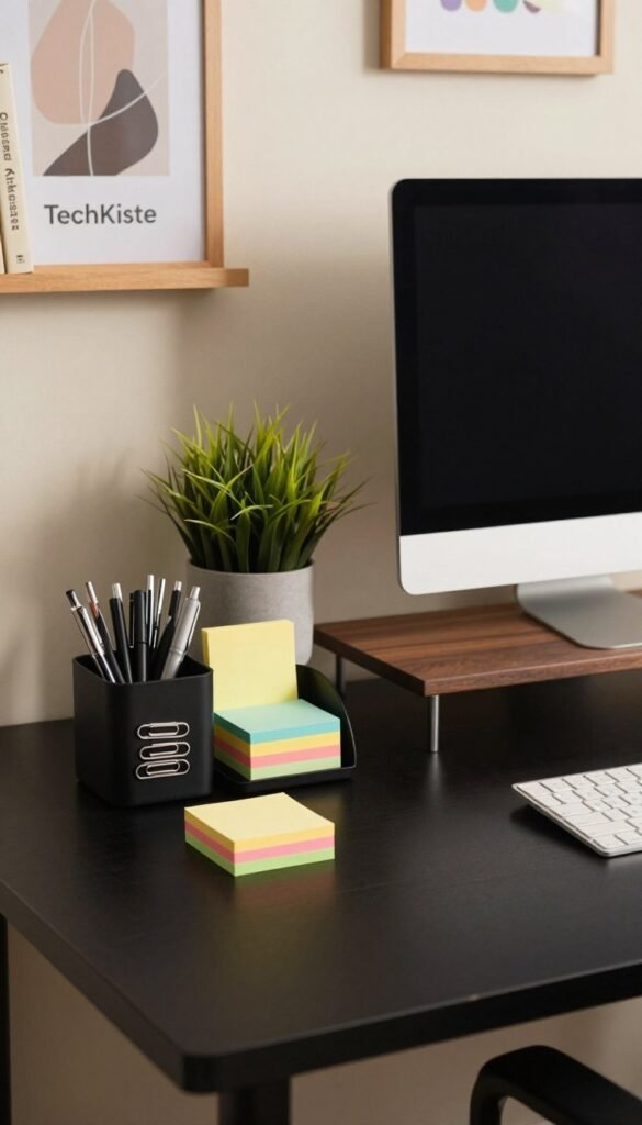 A well-organized desk scene that emphasizes clarity and functionality, featuring a stylish black desk with a selection of desk gadgets. Foreground elements include a sleek, modern desk organizer holding pens, paper clips, and sticky notes, alongside a neatly stacked set of colorful post-its. In the middle ground, showcase a minimalist monitor stand supporting a computer, accompanied by a decorative plant for a touch of nature. The background should feature a soft-focus wall with tasteful wall art or a shelf holding books on productivity. Use warm lighting to create an inviting atmosphere, and capture the scene with a slightly elevated angle, ensuring a clear view of the workspace. The overall mood is one of calm productivity, reflecting the brand "TechKiste" in a professional and authentic manner.