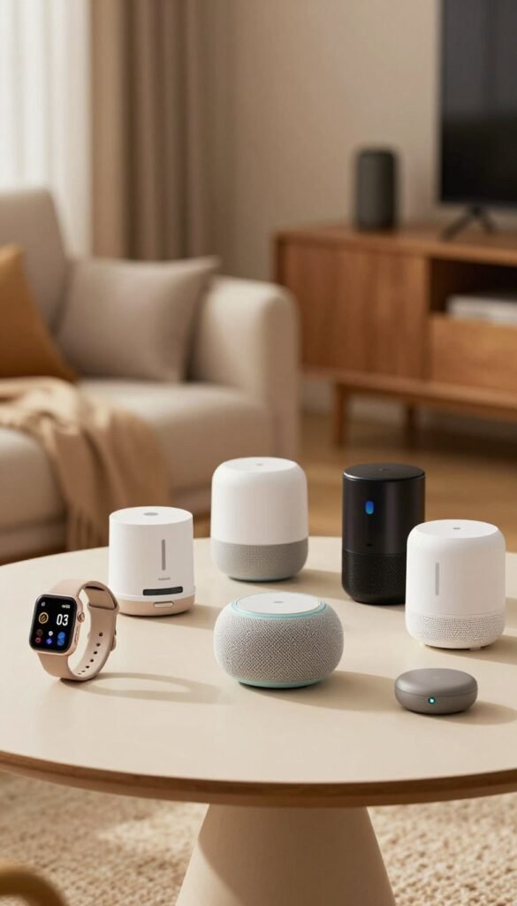 A well-organized display of smart gadgets, featuring a diverse range of products like a sleek smartwatch, a compact smart speaker, and innovative home automation devices. The foreground showcases a stylish table with these gadgets elegantly arranged, bathed in warm, natural lighting to evoke a cozy atmosphere. In the middle ground, a blurred backdrop of a modern living room adds context, complete with soft furnishings and tech elements. The background is softly lit, creating depth without overwhelming the viewer. The overall mood is inviting and sophisticated, reminiscent of a Pinterest aesthetic. Include subtle branding for "TechKiste" on one of the gadgets, ensuring the image remains text-free and professional in appearance. A well-organized display of smart gadgets, featuring a diverse range of products like a sleek smartwatch, a compact smart speaker, and innovative home automation devices. The foreground showcases a stylish table with these gadgets elegantly arranged, bathed in warm, natural lighting to evoke a cozy atmosphere. In the middle ground, a blurred backdrop of a modern living room adds context, complete with soft furnishings and tech elements. The background is softly lit, creating depth without overwhelming the viewer. The overall mood is inviting and sophisticated, reminiscent of a Pinterest aesthetic. Include subtle branding for "TechKiste" on one of the gadgets, ensuring the image remains text-free and professional in appearance.