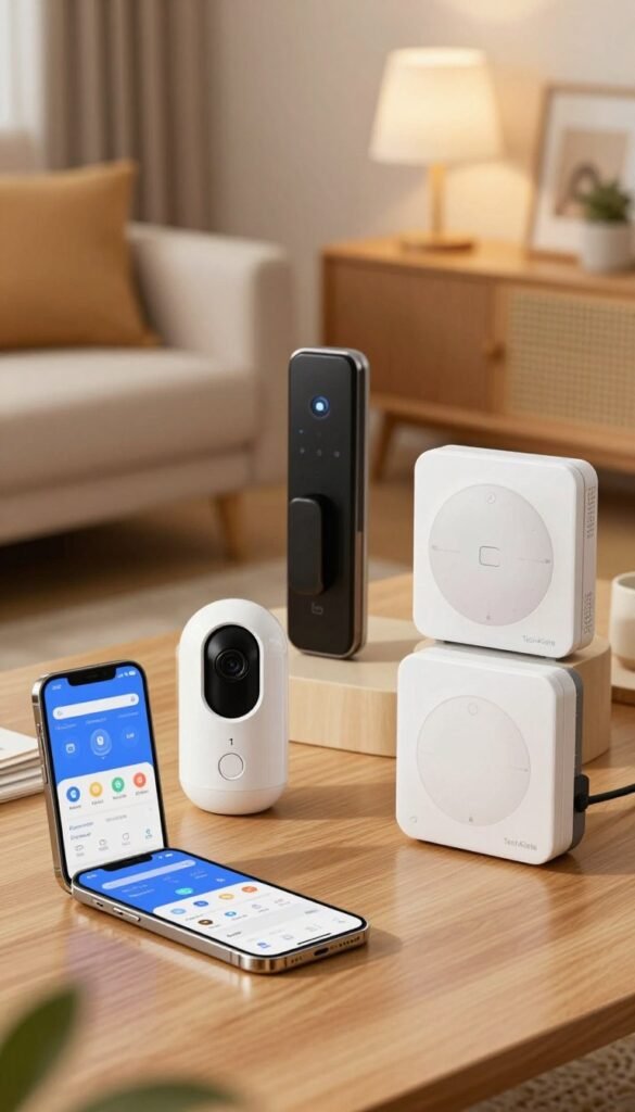 A well-organized display of various modern safety gadgets, showcasing their practical applications in everyday life. In the foreground, a sleek smartphone with a security app open, next to a stylish doorbell camera and an advanced home alarm system. In the middle, a tabletop featuring a smart lock and motion-sensor lights, all elegantly designed with warm colors and a Pinterest-inspired aesthetic. In the background, a cozy living room setting with soft, ambient lighting that creates a welcoming atmosphere. The image should have a natural feel, embodying authenticity and warmth, with a professional touch. The brand name "TechKiste" should be subtly integrated into the scene.