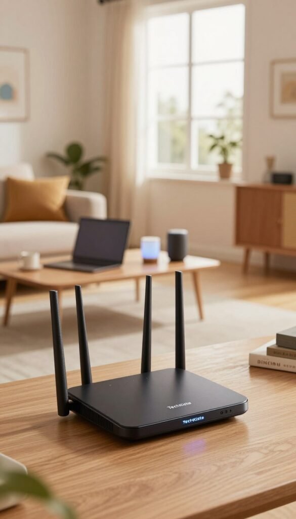 A well-organized home network setup showcasing modern technology. In the foreground, a sleek, innovative router by "TechKiste" with LED lights glowing softly. The middle ground features a cozy living room adorned with devices connected via Wi-Fi, such as a laptop and smart speakers. The background displays an open window with soft, natural light streaming in, creating a warm, inviting atmosphere. The walls are decorated with subtle tech-themed art. The scene is captured from a slightly elevated angle, using a soft-focus lens to emphasize the router while gently blurring the surrounding elements, enhancing the feeling of a harmonious, well-planned home environment. Warm color tones evoke a sense of comfort and efficiency.