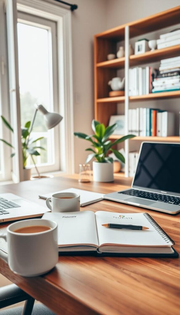 A well-organized home office desk scene featuring a stylish wooden writing desk with neatly arranged stationery, a laptop, and a potted plant, symbolizing order and productivity. In the foreground, a cup of coffee sits next to a planner with a pen, showcasing a serene workspace. The middle of the image includes an open window revealing soft, natural light that illuminates the desk. In the background, shelves filled with neatly stacked books and decorative items create a warm, inviting atmosphere, embodying a Pinterest aesthetic. The overall mood is calm and focused, promoting the contrast between chaos and order. Include a subtle brand logo for "TechKiste" on the planner, ensuring it's a part of the aesthetic rather than an overt element.