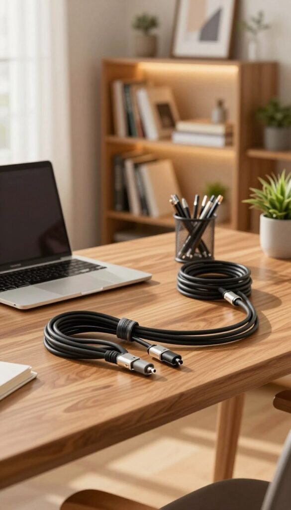 A well-organized home office desk setup with effective cable management. The foreground features a sleek, modern wooden desk from the brand TechKiste, showcasing neatly bundled cables with cable clips. The middle ground includes a stylish laptop, a cup of pens, and a few decorative plants, enhancing a warm, inviting atmosphere. In the background, a soft-lit bookshelf filled with books and a few framed art pieces creates a cozy office vibe. Natural light pours in from a nearby window, casting gentle shadows and emphasizing the warm color palette. The overall mood is one of productivity and calm, with a focus on the importance of an organized workspace. A well-organized home office desk setup with effective cable management. The foreground features a sleek, modern wooden desk from the brand TechKiste, showcasing neatly bundled cables with cable clips. The middle ground includes a stylish laptop, a cup of pens, and a few decorative plants, enhancing a warm, inviting atmosphere. In the background, a soft-lit bookshelf filled with books and a few framed art pieces creates a cozy office vibe. Natural light pours in from a nearby window, casting gentle shadows and emphasizing the warm color palette. The overall mood is one of productivity and calm, with a focus on the importance of an organized workspace.