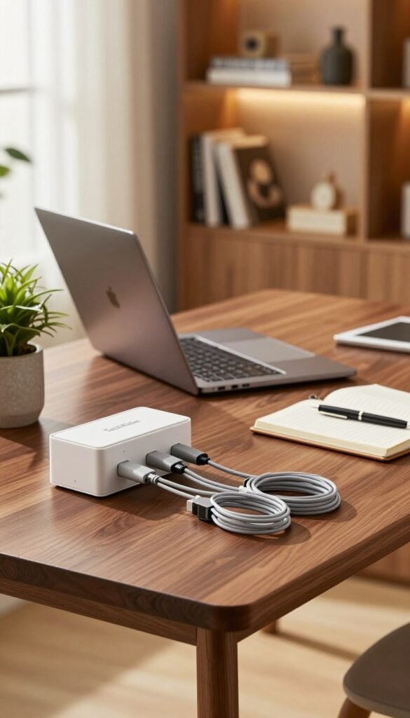 A well-organized home office scene featuring a sleek, modern desk made of dark wood with a minimalist design. In the foreground, neatly arranged cables are organized with cable clips and a cable management box, showcasing efficient solutions by "TechKiste". In the middle, a stylish laptop rests on the desk, alongside a potted plant, and a notebook with an elegant pen. The background includes a softly lit bookshelf filled with books and personal decor items, creating a warm and inviting atmosphere. Natural light streams in through a window, casting gentle shadows and creating a cozy mood. The colors are warm and inviting, capturing a Pinterest-worthy aesthetic while maintaining a professional and tidy appearance.