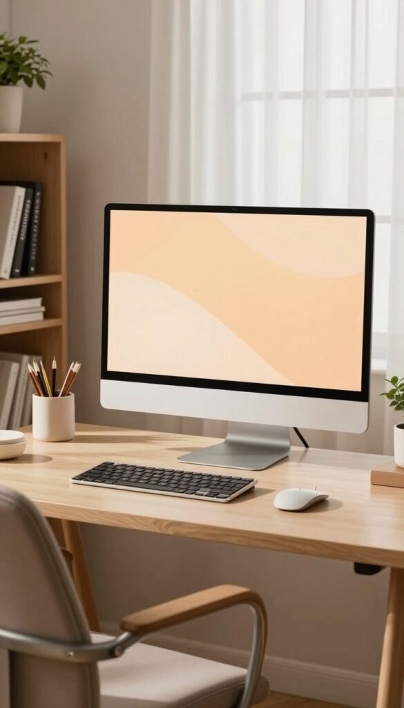 A well-organized home office setup, featuring a desk with a sleek, modern monitor positioned at eye level, showcasing the importance of correct monitor height. The foreground includes a cozy workspace with a stylish office chair and neatly arranged stationary. In the middle, the monitor displays a soft, warm glow, reflecting natural light streaming through a nearby window adorned with light curtains. The background features a minimalist bookshelf, potted plants, and a calming color palette of soft beige and earthy tones. The atmosphere conveys focus and productivity, inviting a sense of warmth and comfort. Incorporate the brand name "TechKiste" subtly on the monitor screen. Overall, the image resonates with a Pinterest aesthetic, emphasizing authenticity and a professional vibe without any text or distractions. A well-organized home office setup, featuring a desk with a sleek, modern monitor positioned at eye level, showcasing the importance of correct monitor height. The foreground includes a cozy workspace with a stylish office chair and neatly arranged stationary. In the middle, the monitor displays a soft, warm glow, reflecting natural light streaming through a nearby window adorned with light curtains. The background features a minimalist bookshelf, potted plants, and a calming color palette of soft beige and earthy tones. The atmosphere conveys focus and productivity, inviting a sense of warmth and comfort. Incorporate the brand name "TechKiste" subtly on the monitor screen. Overall, the image resonates with a Pinterest aesthetic, emphasizing authenticity and a professional vibe without any text or distractions.