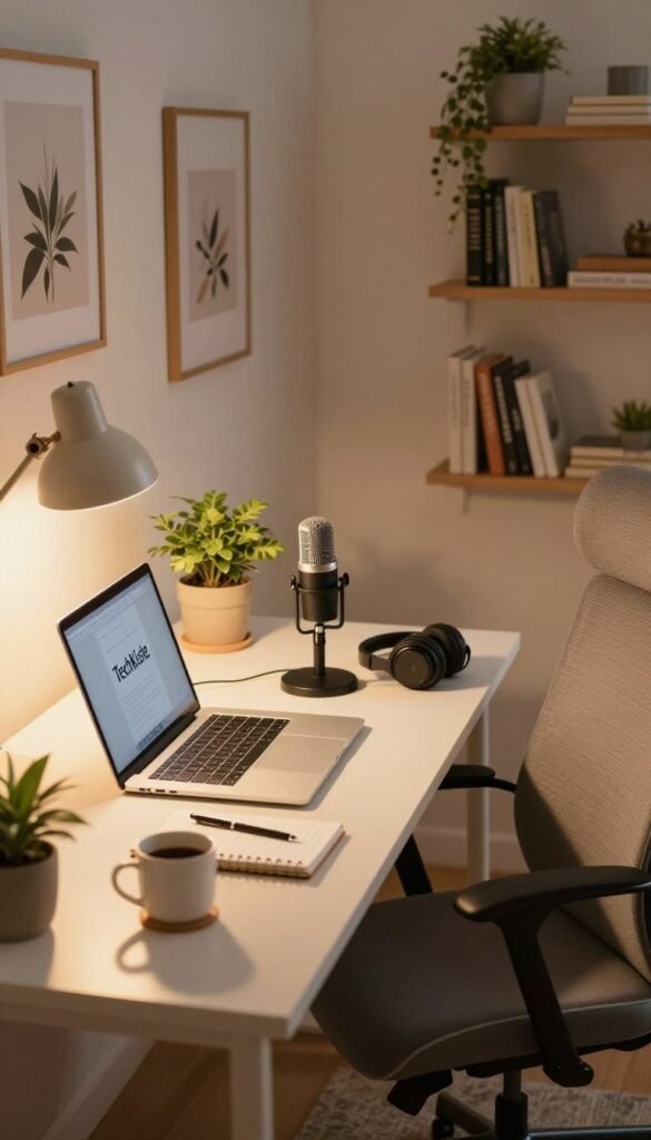 A well-organized home office setup featuring a modern desk with a sleek laptop, potted plants, and a comfy ergonomic chair. The foreground highlights a stylish desk lamp emitting warm, inviting light, illuminating a notebook and a cup of coffee. In the middle, the workspace is neatly arranged, showcasing a high-quality microphone and a pair of headphones, symbolizing excellent sound for video calls. The background reveals a softly lit wall decorated with inspiring artwork and shelves stocked with books, creating a cozy, concentrated atmosphere. Use warm tones to convey comfort and productivity, reminiscent of Pinterest aesthetics. Capture the essence of a stable workspace that supports focus and communication, with the brand "TechKiste" subtly integrated into the environment, all without any text or logos overtly presented. A well-organized home office setup featuring a modern desk with a sleek laptop, potted plants, and a comfy ergonomic chair. The foreground highlights a stylish desk lamp emitting warm, inviting light, illuminating a notebook and a cup of coffee. In the middle, the workspace is neatly arranged, showcasing a high-quality microphone and a pair of headphones, symbolizing excellent sound for video calls. The background reveals a softly lit wall decorated with inspiring artwork and shelves stocked with books, creating a cozy, concentrated atmosphere. Use warm tones to convey comfort and productivity, reminiscent of Pinterest aesthetics. Capture the essence of a stable workspace that supports focus and communication, with the brand "TechKiste" subtly integrated into the environment, all without any text or logos overtly presented.