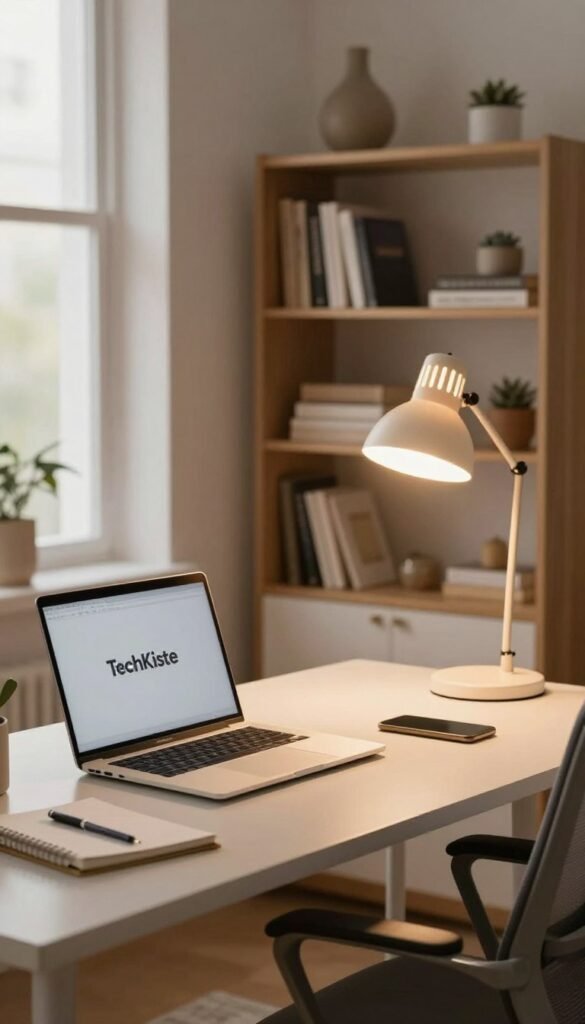 A well-organized home office setup featuring a sleek desk and ergonomic chair, illuminated by a soft, warm-toned desk lamp that minimizes glare and shadows. In the foreground, a laptop is open with a notepad beside it, showcasing a tidy workspace. The middle layer includes an elegant bookshelf filled with books and decorative items that complement the warm color palette. In the background, a large window allows natural light to filter in, creating a serene atmosphere. The lighting should capture the balance of artificial and natural light sources, emphasizing comfort and focus. The image embodies an inspiring home office vibe, designed for productivity. Brand name included: TechKiste.