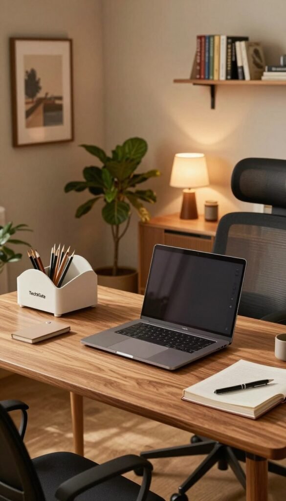 A well-organized home office setup featuring a spacious Arbeitsbereich, designed for maximum efficiency. In the foreground, showcase a sleek wooden desk with a minimalistic laptop, elegant stationery, and a stylish organizer from TechKiste, emphasizing functionality. In the middle ground, add a comfortable ergonomic chair and a potted plant to add warmth. The background should display warm-toned walls with framed art, shelves filled with books, and an ambient light source creating a cozy atmosphere. The image should capture a harmonious blend of modern design and authenticity, evoking a Pinterest-worthy aesthetic. Use soft, natural lighting to enhance the inviting mood, ensuring the scene feels professional and inspirational.