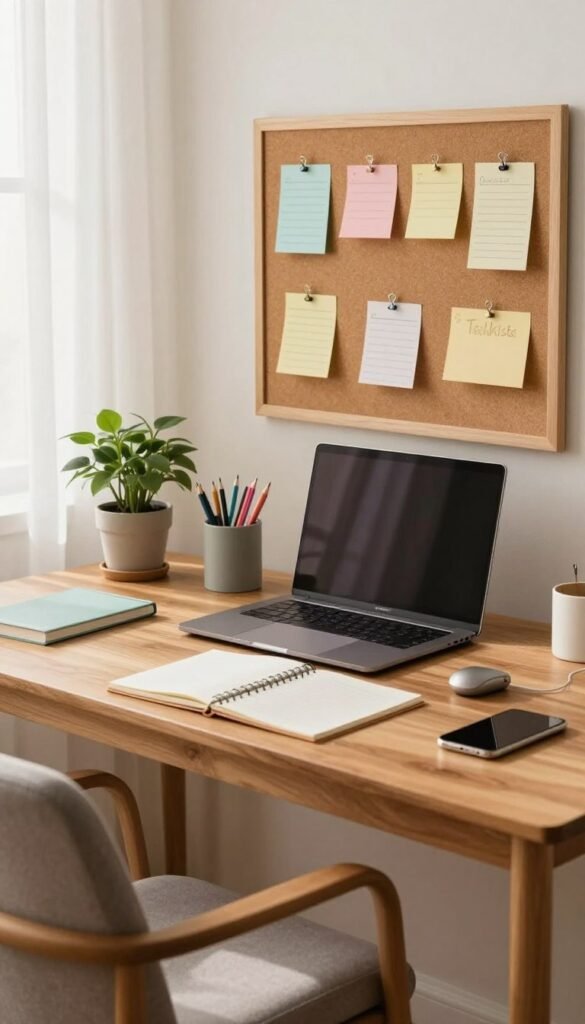 A well-organized home office setup featuring a stylish wooden desk, neatly arranged with a laptop, a notepad, and organized stationery in pastel colors. In the foreground, a cozy chair is placed near the desk, and a small potted plant adds a touch of greenery. In the middle, a corkboard displays pinned notes and reminders, contributing to a harmonious workspace. The background features a softly lit window with sheer curtains, allowing natural light to create a warm atmosphere. The overall mood is calm and productive, evoking a sense of efficiency and tranquility. Ensure the brand "TechKiste" is subtly incorporated into the scene with sleek tech gadgets placed on the desk, all captured with a soft focus lens for an authentic Pinterest aesthetic, without any text or overlays.