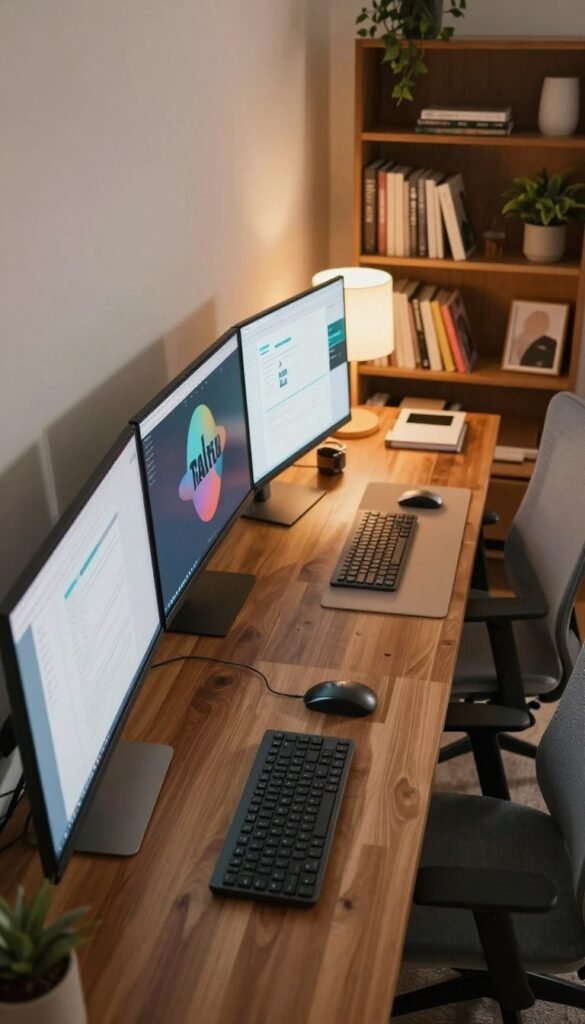 A well-organized home office setup featuring multiple monitors showcasing a productivity-focused environment. In the foreground, three sleek, modern monitors arranged in a slight curve, displaying various work-related applications and documents. The middle ground includes a stylish wooden desk with a comfortable ergonomic chair, minimalistic stationery items, and a warm lamp casting soft, inviting light. In the background, a bookshelf filled with neatly arranged books and a potted plant adding a touch of greenery. The overall atmosphere is warm and professional, with a Pinterest-inspired aesthetic. Capture the scene from a slightly elevated angle, emphasizing the workspace's efficiency and aesthetic appeal, ensuring the image conveys a sense of focus and organization. Include subtle branding elements of "TechKiste" integrated into the design without overshadowing the main elements. A well-organized home office setup featuring multiple monitors showcasing a productivity-focused environment. In the foreground, three sleek, modern monitors arranged in a slight curve, displaying various work-related applications and documents. The middle ground includes a stylish wooden desk with a comfortable ergonomic chair, minimalistic stationery items, and a warm lamp casting soft, inviting light. In the background, a bookshelf filled with neatly arranged books and a potted plant adding a touch of greenery. The overall atmosphere is warm and professional, with a Pinterest-inspired aesthetic. Capture the scene from a slightly elevated angle, emphasizing the workspace's efficiency and aesthetic appeal, ensuring the image conveys a sense of focus and organization. Include subtle branding elements of "TechKiste" integrated into the design without overshadowing the main elements.