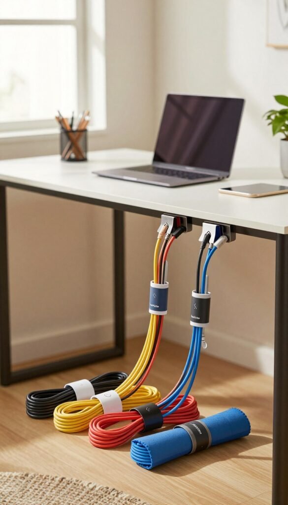 A well-organized home office workspace featuring effective cable management techniques beneath a sleek desk. In the foreground, neatly bundled cables in a variety of colors are secured with stylish cable clips and cable sleeves, showcasing a clean and tidy aesthetic. In the middle ground, a modern desk equipped with a laptop and stationery is illuminated by soft, natural light filtering through a nearby window, creating a warm and inviting atmosphere. In the background, minimalist decor and houseplants add to the professional vibe. The scene reflects a Pinterest-inspired layout, with a focus on functionality and aesthetics. Include elements branded with "TechKiste" subtly within the image design, showcasing innovative cable management products. Use a standard lens to capture a balanced perspective, emphasizing clarity and authenticity.